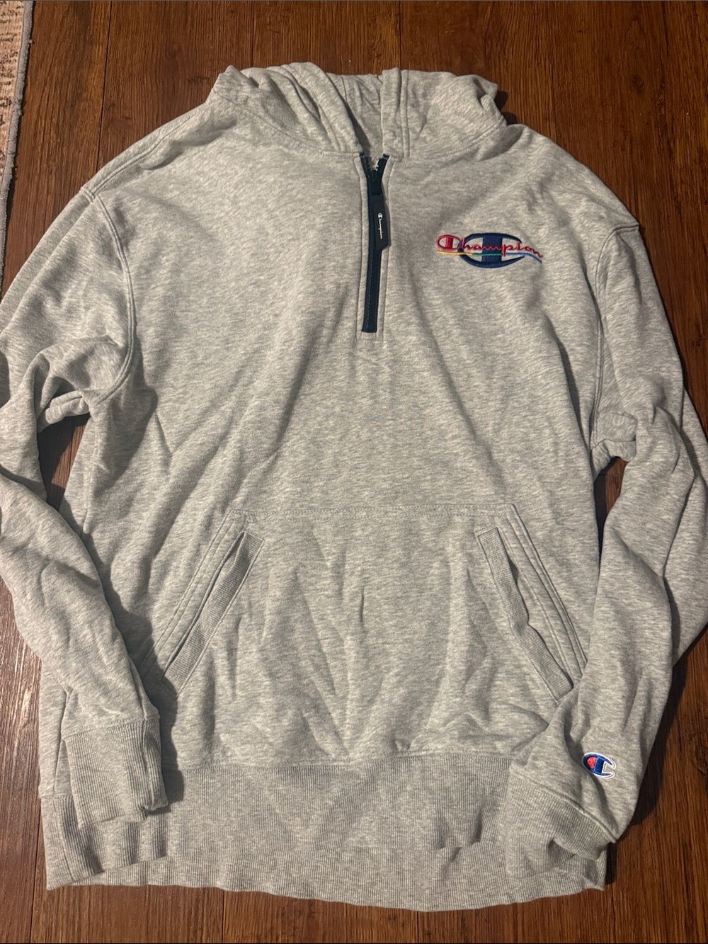 Champion Light Gray Half-Zip Hoodie with Embroidered Logo